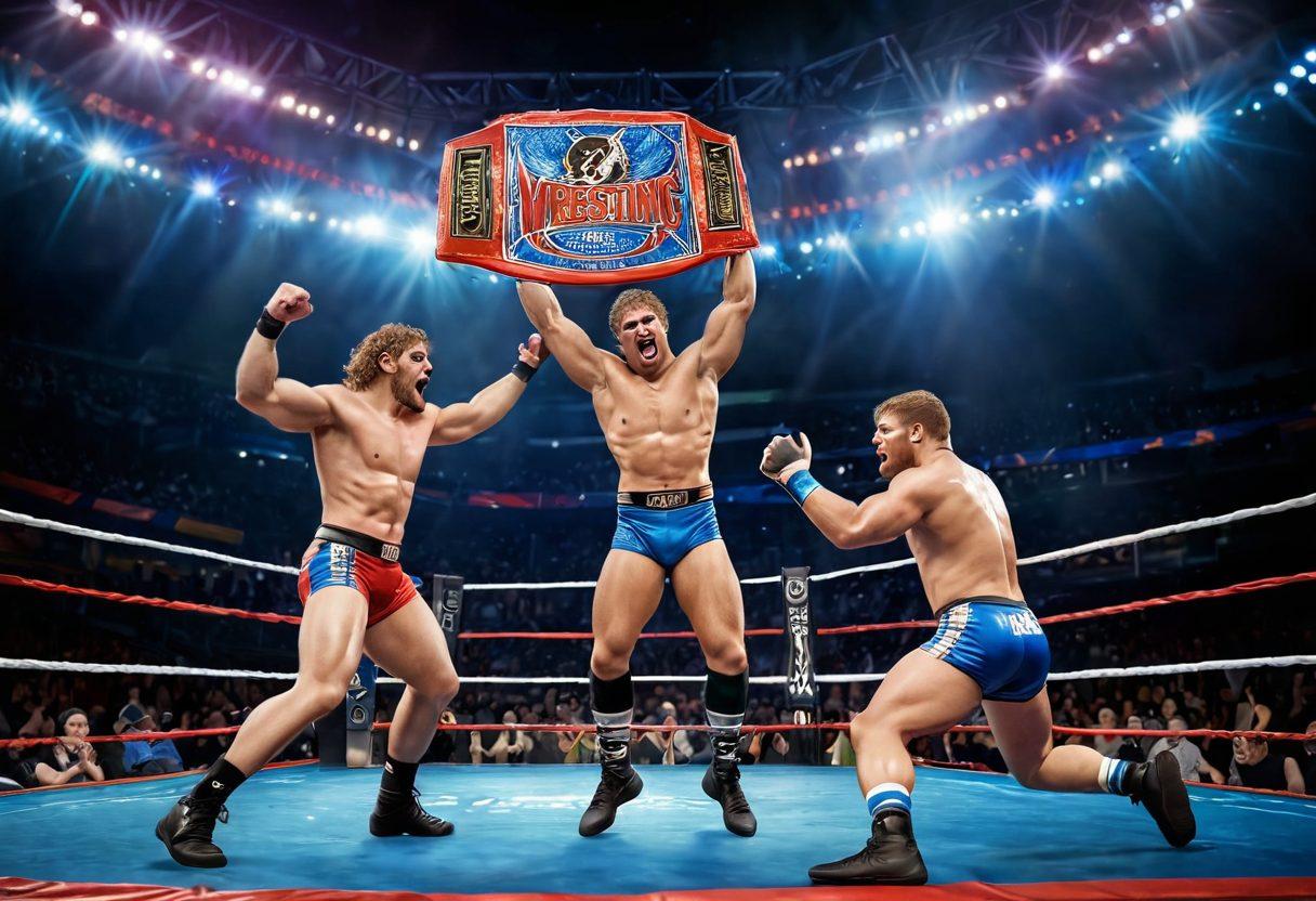 A dynamic scene showcasing a passionate wrestling match, with two wrestlers in mid-action, displaying strength and agility. Surrounding them are excited fans, waving colorful banners and wearing wrestling merchandise, capturing the vibrant wrestling culture. The arena is illuminated with bright lights, adding to the intensity and excitement. The background features iconic wrestling memorabilia and a large championship belt, symbolizing the spirit of wrestling enthusiasts. super-realistic. vibrant colors. 3D.