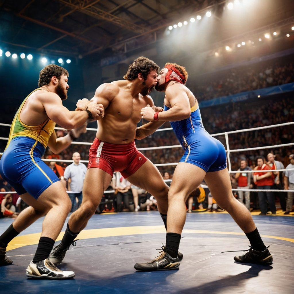 A dynamic wrestling scene showcasing a diverse group of wrestlers in a heated match, surrounded by enthusiastic fans in a vibrant arena. The wrestlers should include various styles and ethnic backgrounds, emphasizing unity in the sport. The background should feature colorful banners and energetic supporters, highlighting the culture and community of wrestling. Capture the intensity and passion of the sport with dramatic lighting and movement. super-realistic. vibrant colors. action-packed.